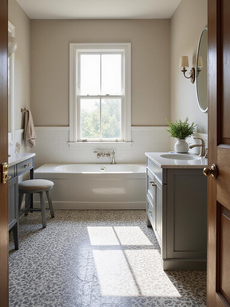 Stylish powder room featuring unique floor tile with warm lighting.