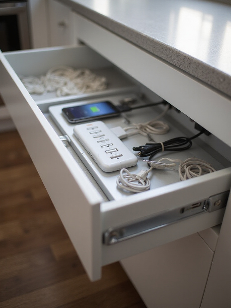 In-drawer charging station in a modern kitchen drawer, showcasing USB ports and electrical outlets.