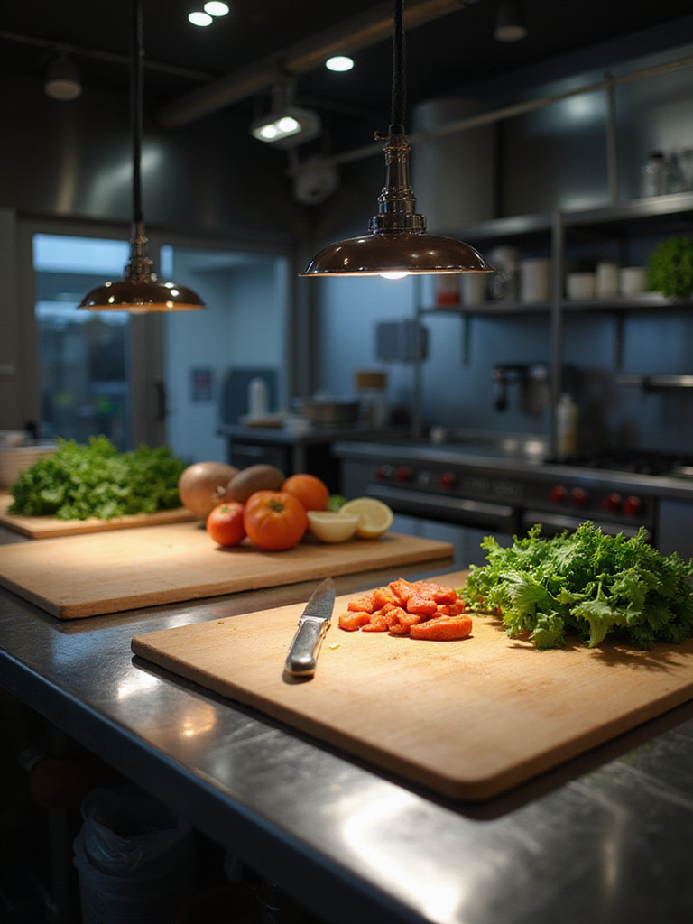 Professional kitchen prep counter with task lighting illuminating food preparation area.