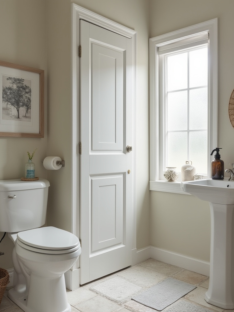 Small bathroom with a pocket door installed, showcasing reclaimed wall space