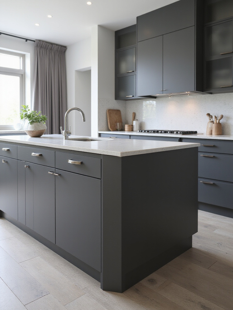 Modern kitchen island with slab cabinetry and light quartz countertop