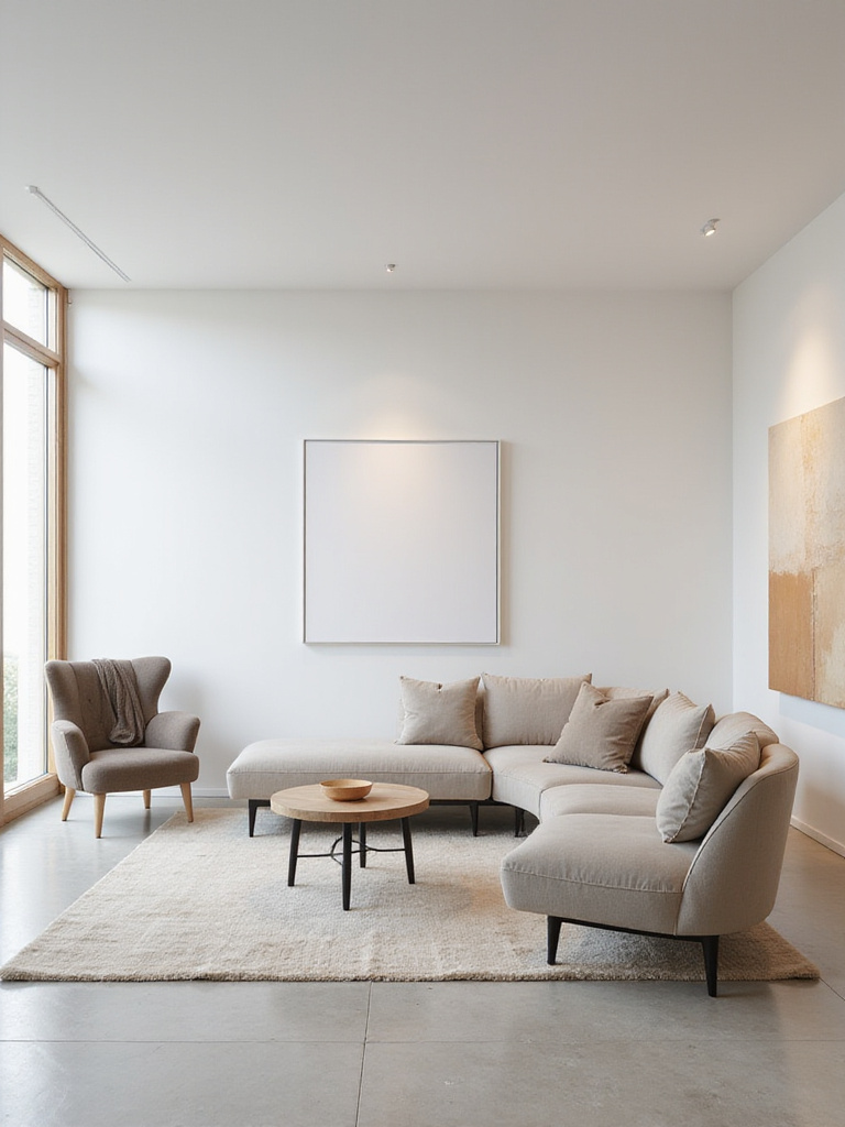 Minimalist living room with effective use of negative space, featuring a low-profile sofa, armchair, and large artwork.