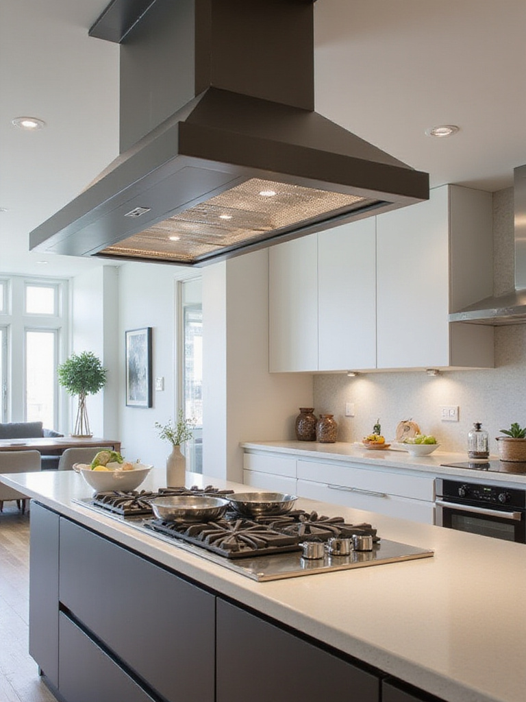 Modern kitchen island with cooktop and elegant ventilation hood