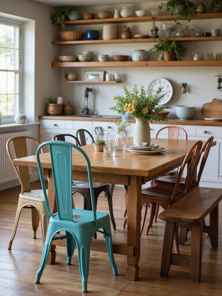 Eclectic kitchen with unique seating options defining different zones.