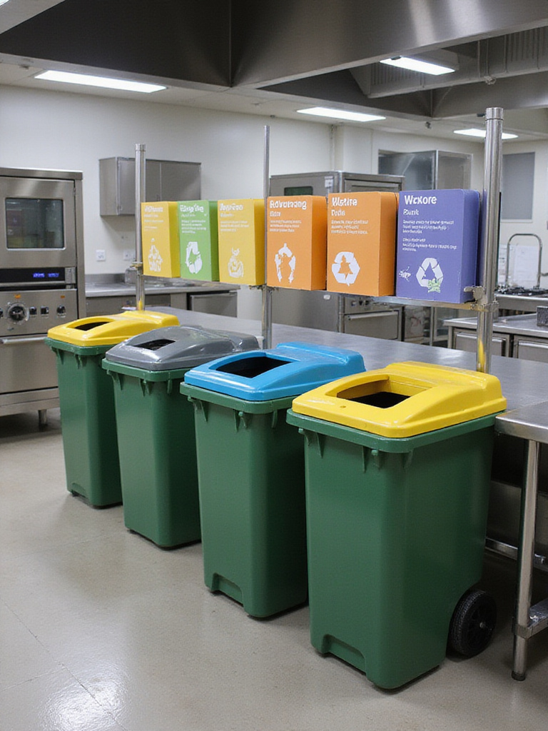 Industrial kitchen with waste and recycling stations clearly labeled and color-coded