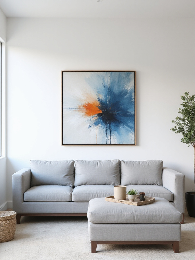 Minimalist living room with bold statement art piece above grey sofa