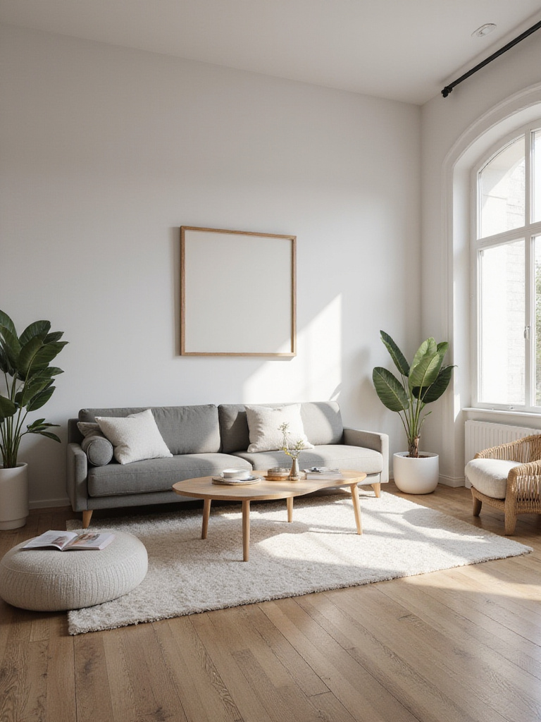 Minimalist living room with distinct zones created by furniture arrangement