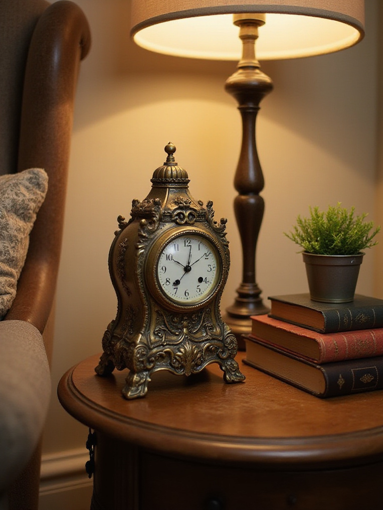 A stylish end table featuring a decorative antique brass clock surrounded by books and a plant.