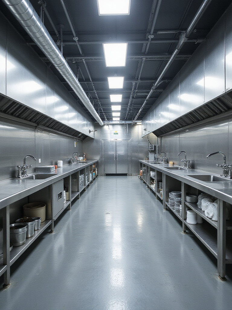A professional photo of a streamlined dishwashing zone in an industrial kitchen.