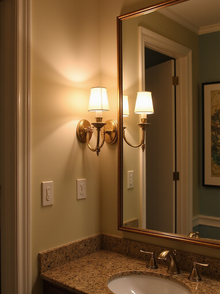 A stylish powder room featuring elegant wall sconces beside a large mirror, showcasing layered lighting.
