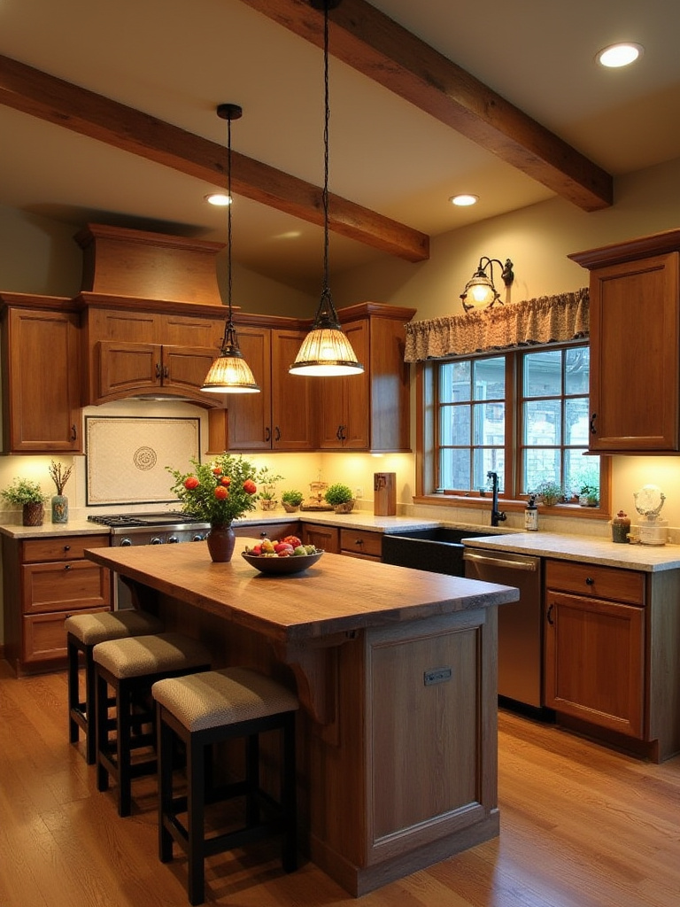A country kitchen showcasing layered lighting with pendant lights, recessed fixtures, and sconces.