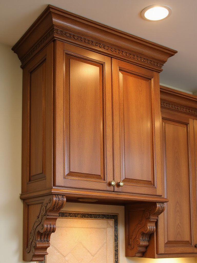Elegant crown molding and corbels in a traditional kitchen setting