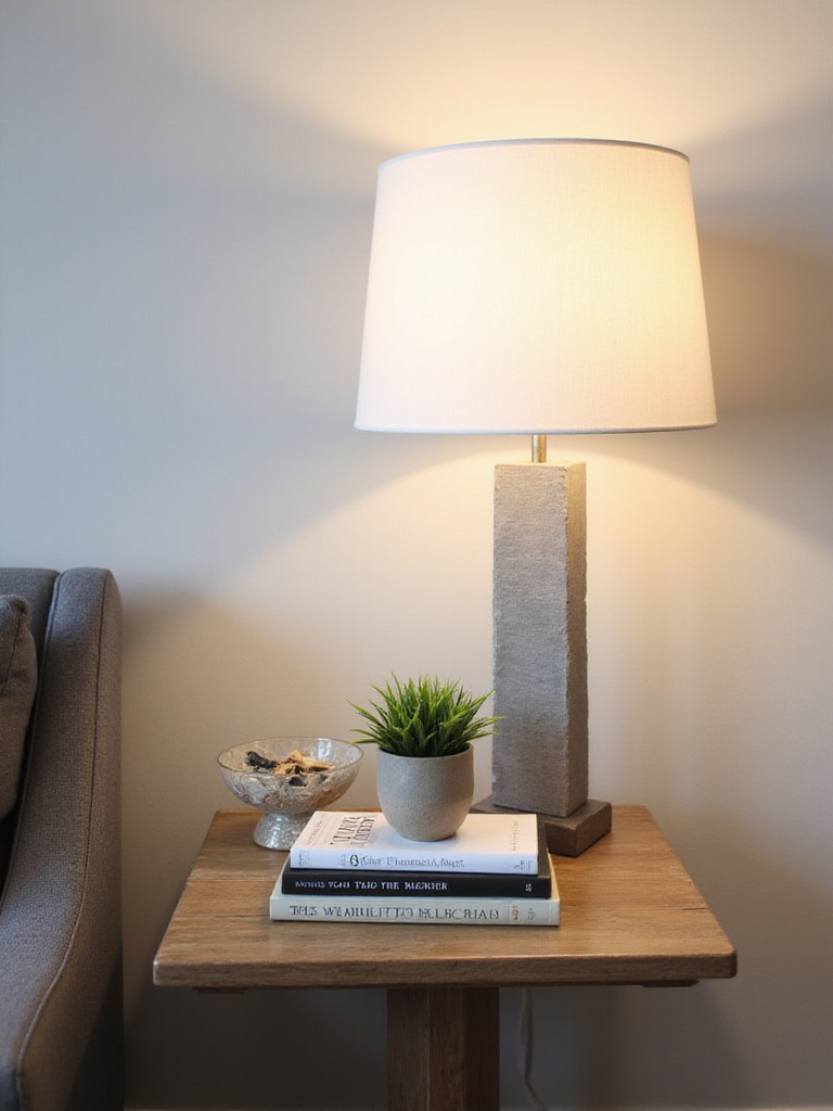 Styled end table with varying heights of a lamp, plant, and decorative bowl.