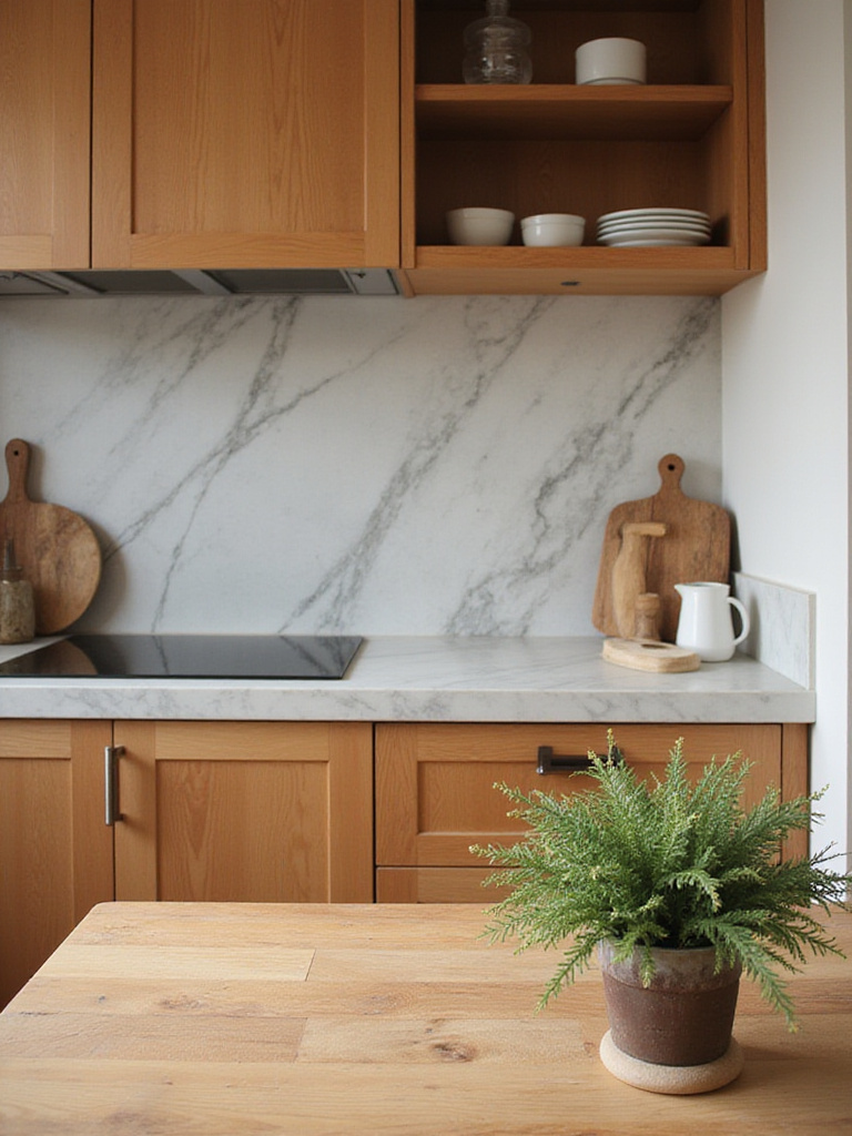 Eclectic kitchen featuring diverse materials including wood, marble, and butcher block.