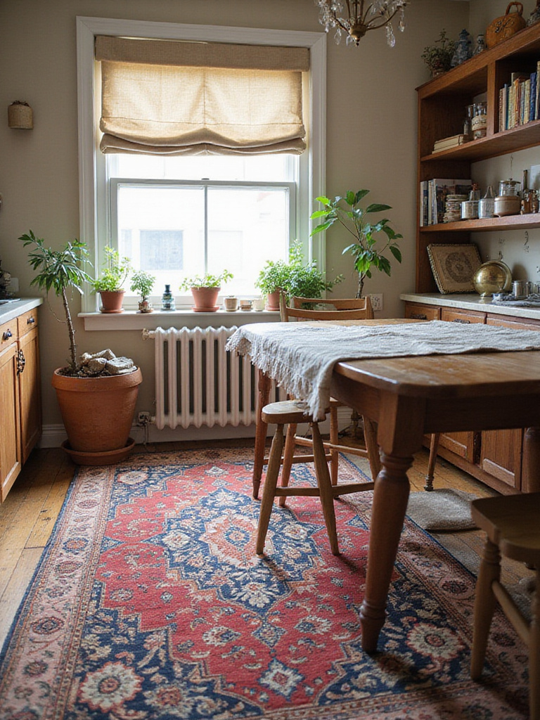 Eclectic kitchen with layered textiles including a Persian rug and linen curtains