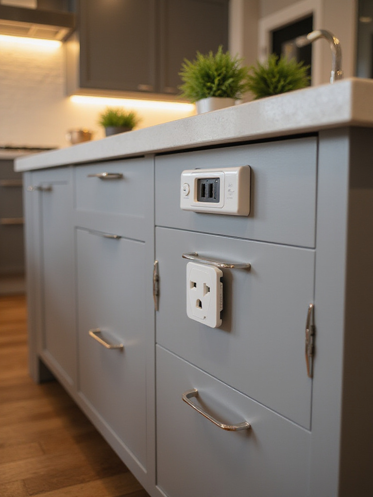 Modern kitchen island with integrated electrical outlets and USB ports for charging devices