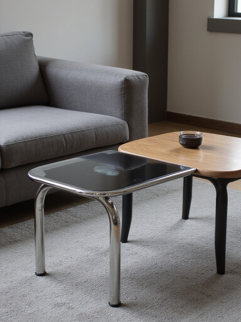 A modern living room with a mix of metal, glass, and wood furniture, featuring a grey sofa, chrome coffee table, and oak side table.