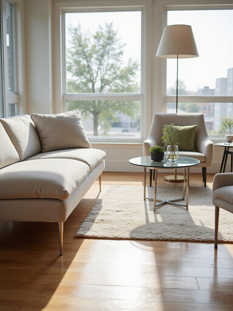 Modern living room with furniture featuring exposed legs, highlighting airiness and spaciousness.
