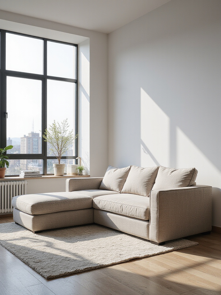Modern living room with a streamlined sectional sofa and ample natural light