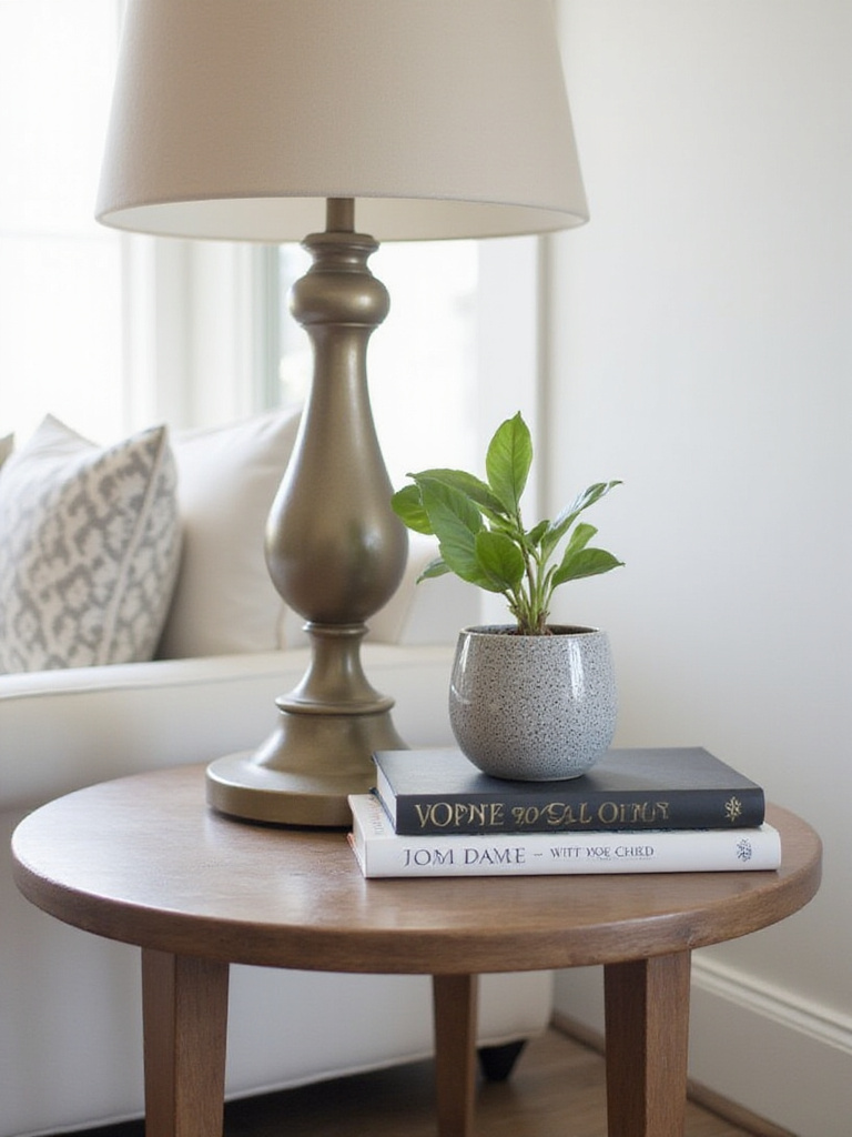 Styled end table with breathing room, showcasing a lamp, plant, and coffee table books.