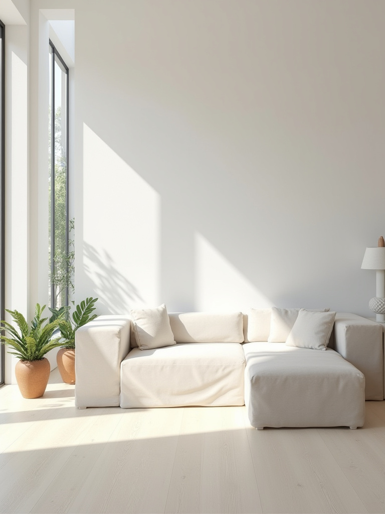 Minimalist living room with clear surfaces and simple furniture design, showcasing a light and airy atmosphere.