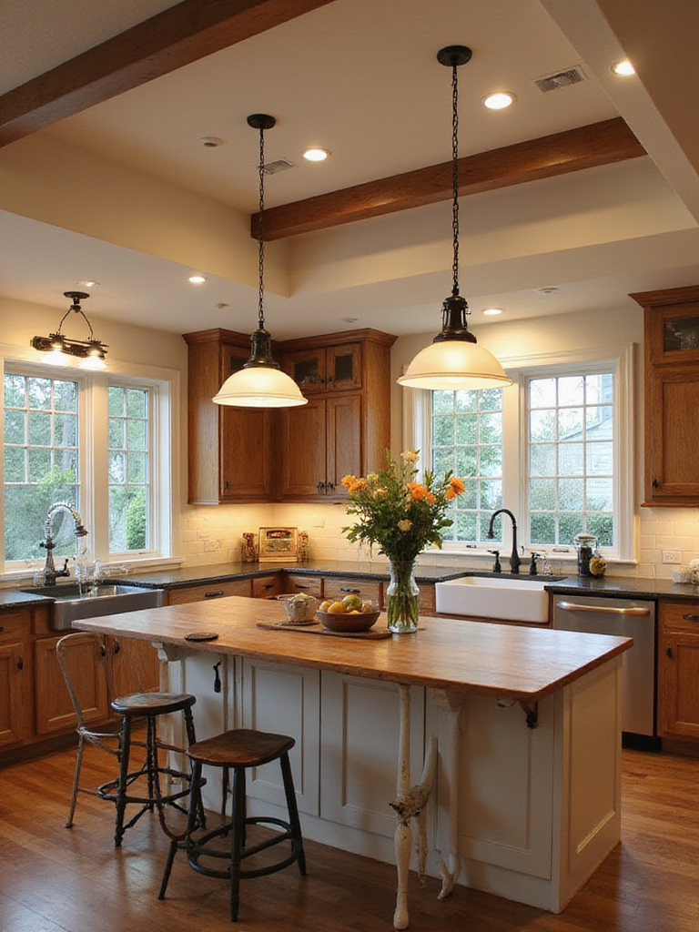 Charming country kitchen with various lighting fixtures showcasing warm light and rustic decor