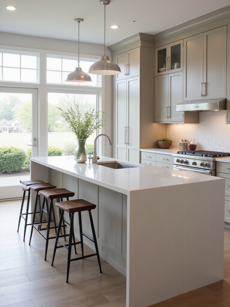 Modern kitchen island showcasing semi-custom design with sleek materials and elegant lighting.