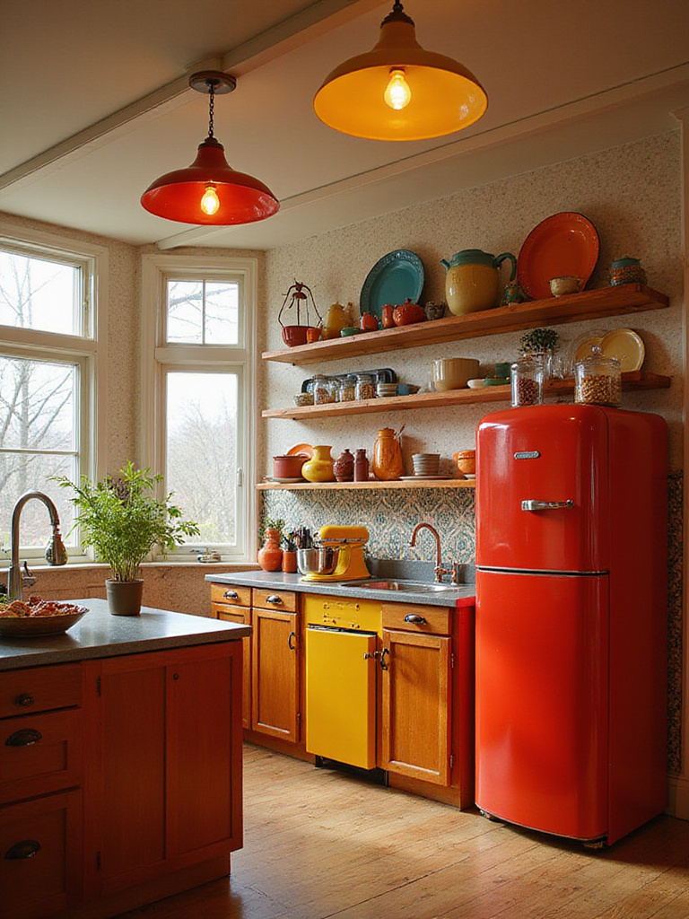 Eclectic kitchen featuring colorful appliances including a red refrigerator and yellow stand mixer.
