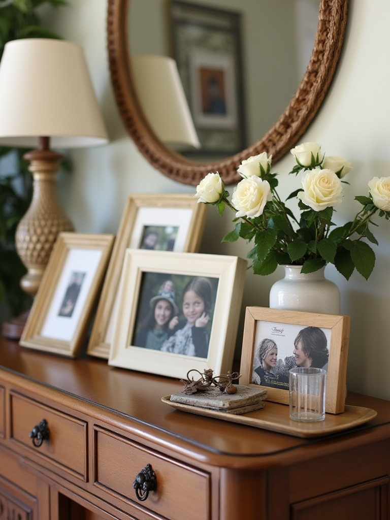 End table decorated with personal items including framed photos and travel mementos.