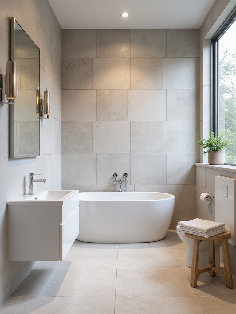 Small bathroom with large format tiles creating an illusion of space