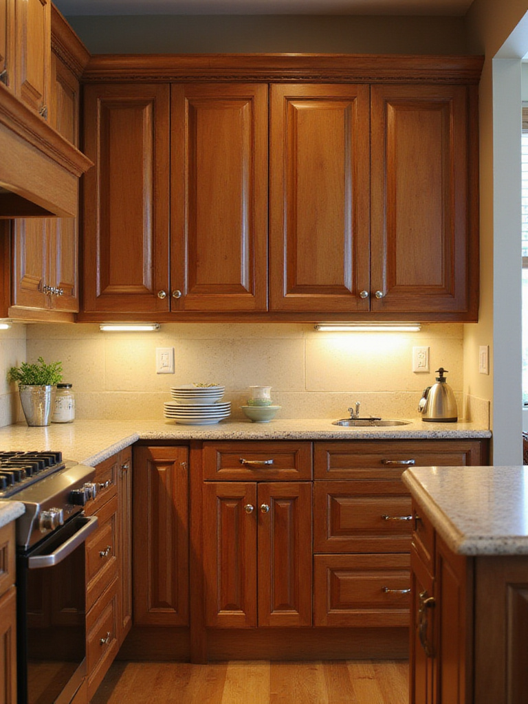 Traditional kitchen cabinets with a polished finish and soft lighting