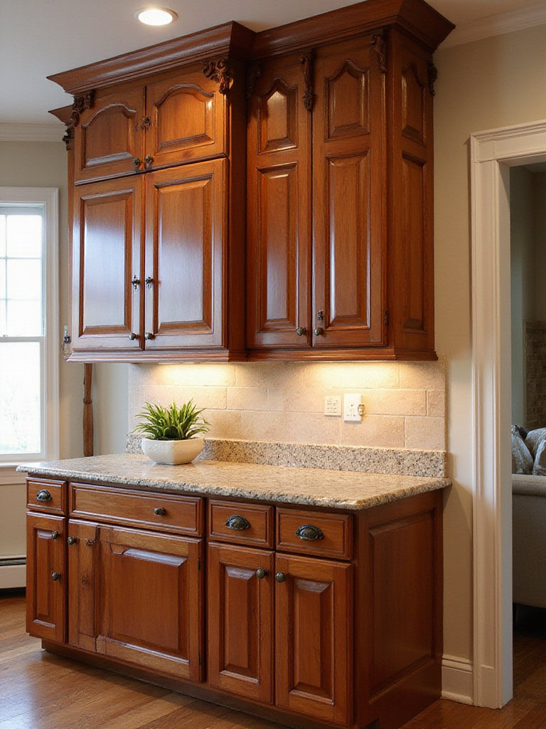 Traditional kitchen showcasing cherry wood cabinetry with raised panel doors and decorative crown molding