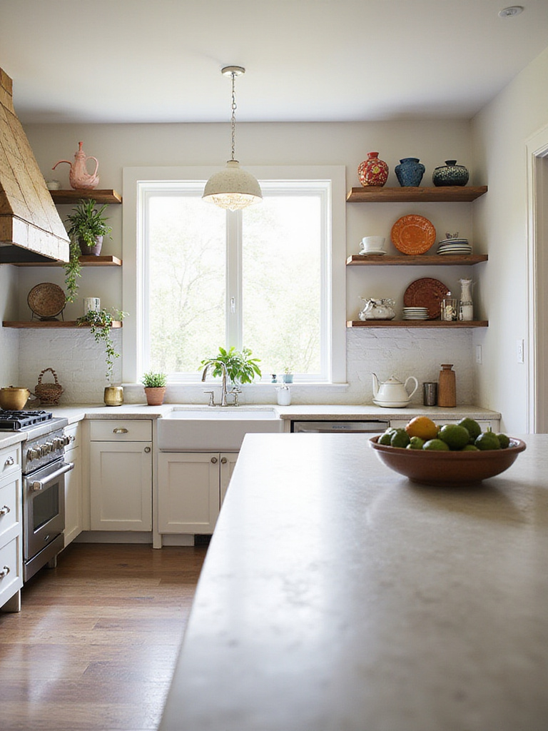 Eclectic kitchen decor showcasing a mix of high-end and budget items with vibrant ceramics and a premium island