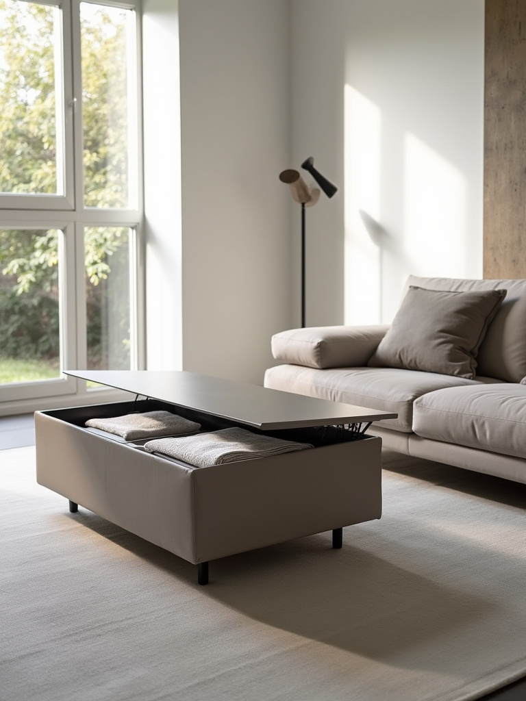 A minimalist living room with a coffee table that has hidden storage, designed for functionality and aesthetic appeal.