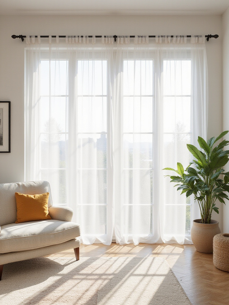 Bright minimalist living room with sheer curtains allowing natural light