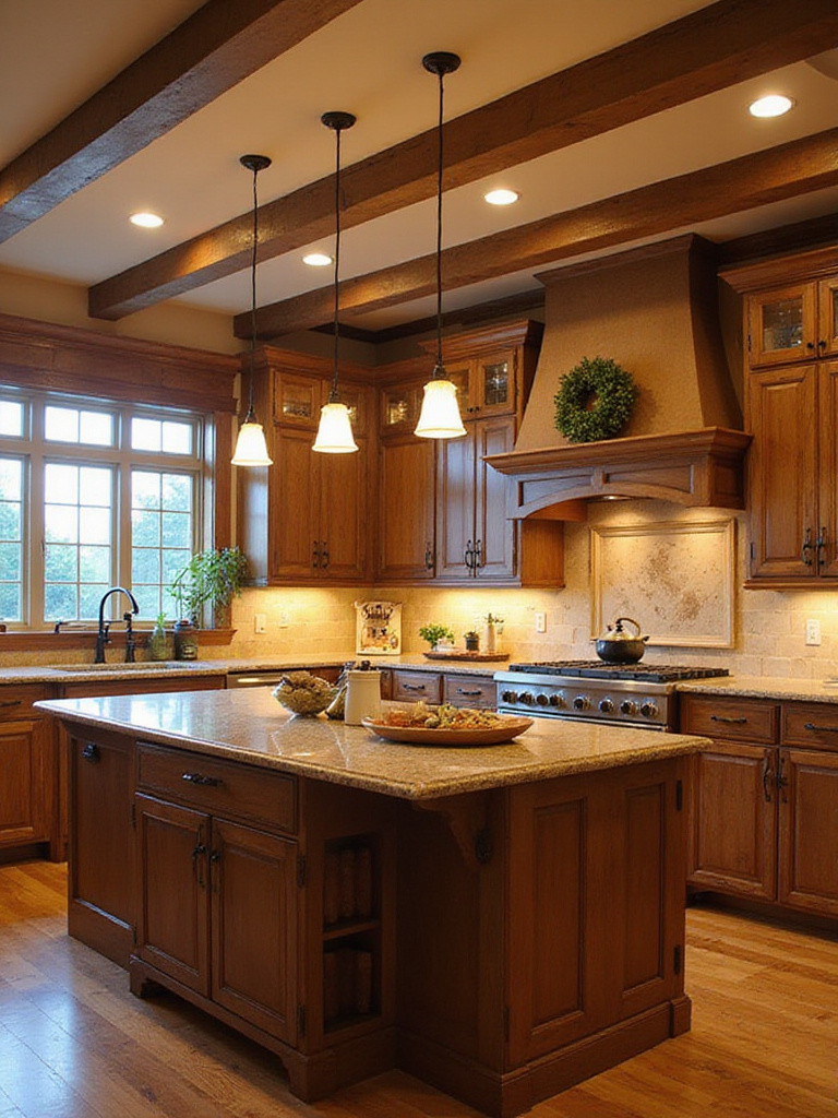 Country kitchen with planned fixture placements, including pendant lights, recessed lighting, and under-cabinet lighting.