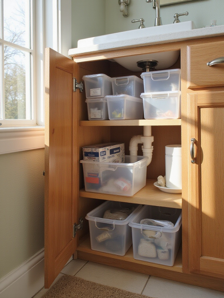 Organized under-sink storage in a small bathroom featuring clear bins and tiered shelves.