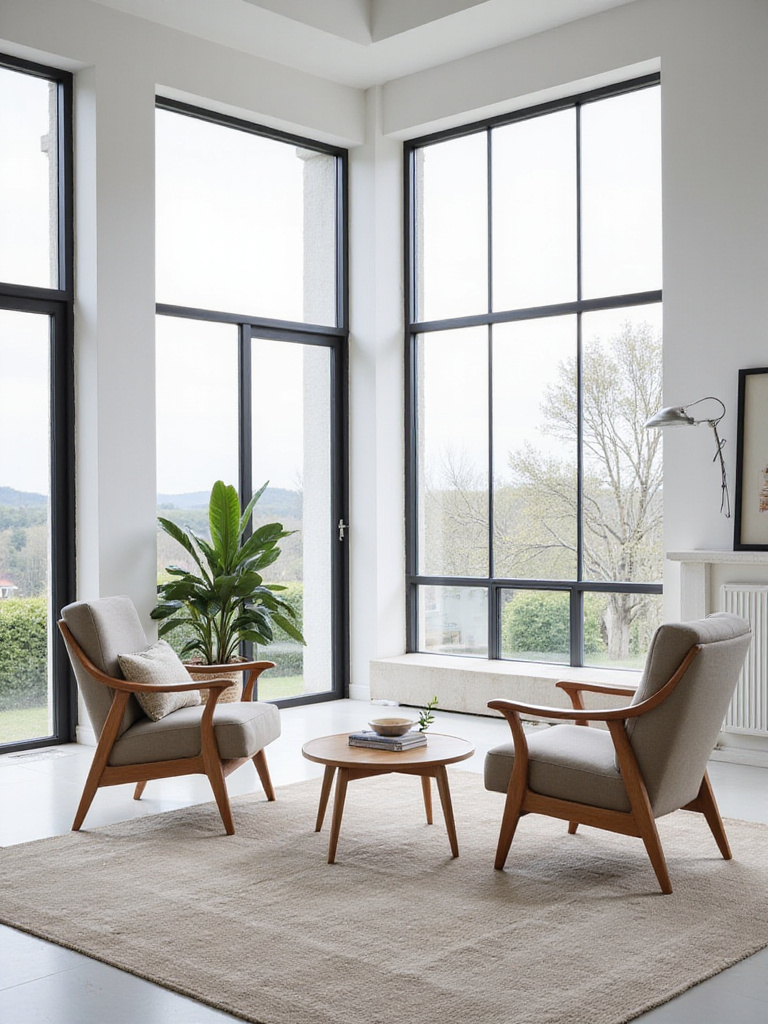 Modern living room featuring armless chairs and a minimalist design