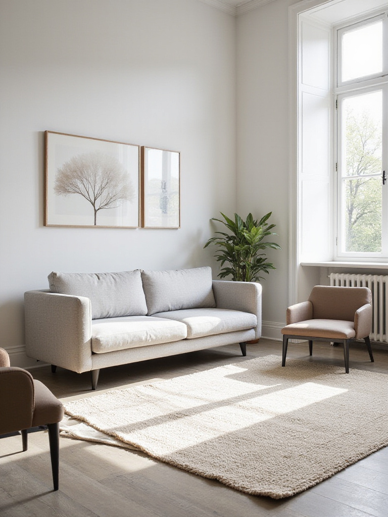 Modern living room with neutral color palette, including gray sectional sofa and cream rug.