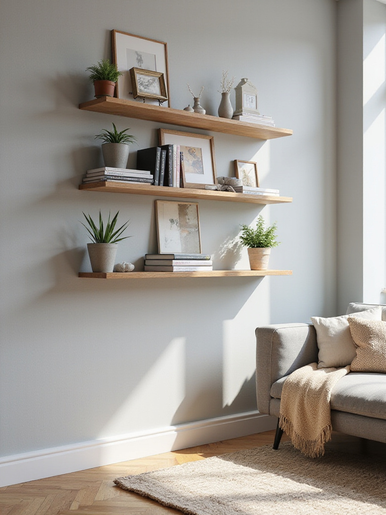 Modern living room with floating shelves displaying books and decor items