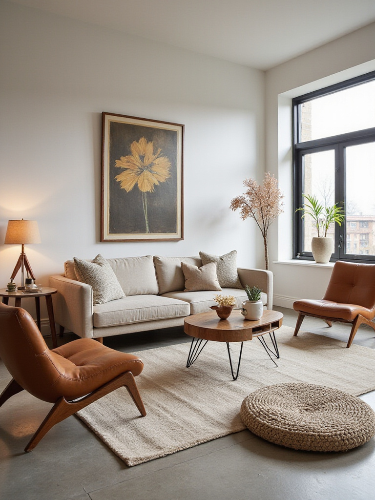 Modern living room with cohesive furniture styles, showcasing a Mid-Century Modern sofa and organic accent chairs.