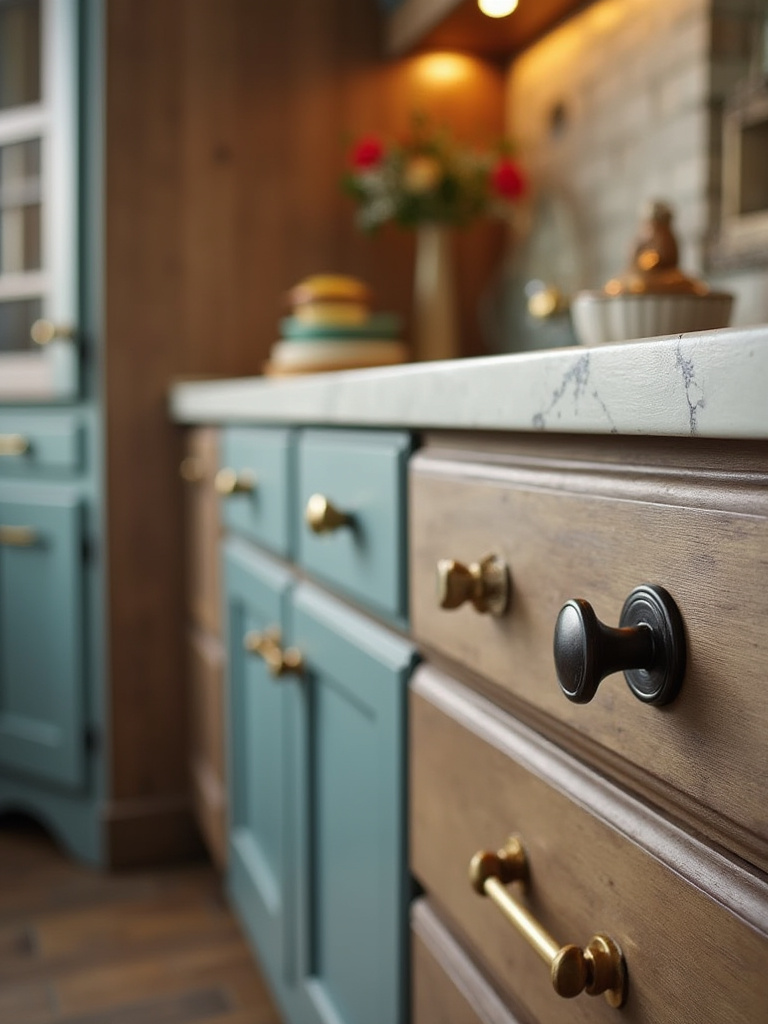 Eclectic kitchen with mixed cabinet hardware finishes in brass, matte black, and nickel.