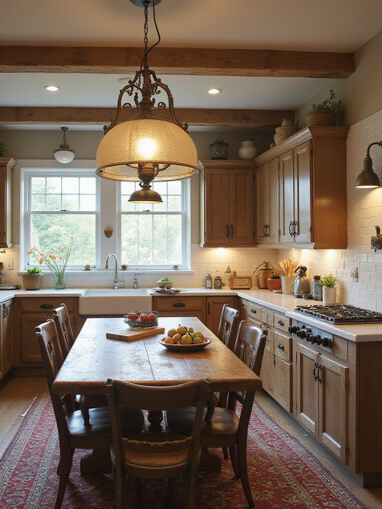 Country kitchen with mixed lighting fixtures including a chandelier and pendant lights.