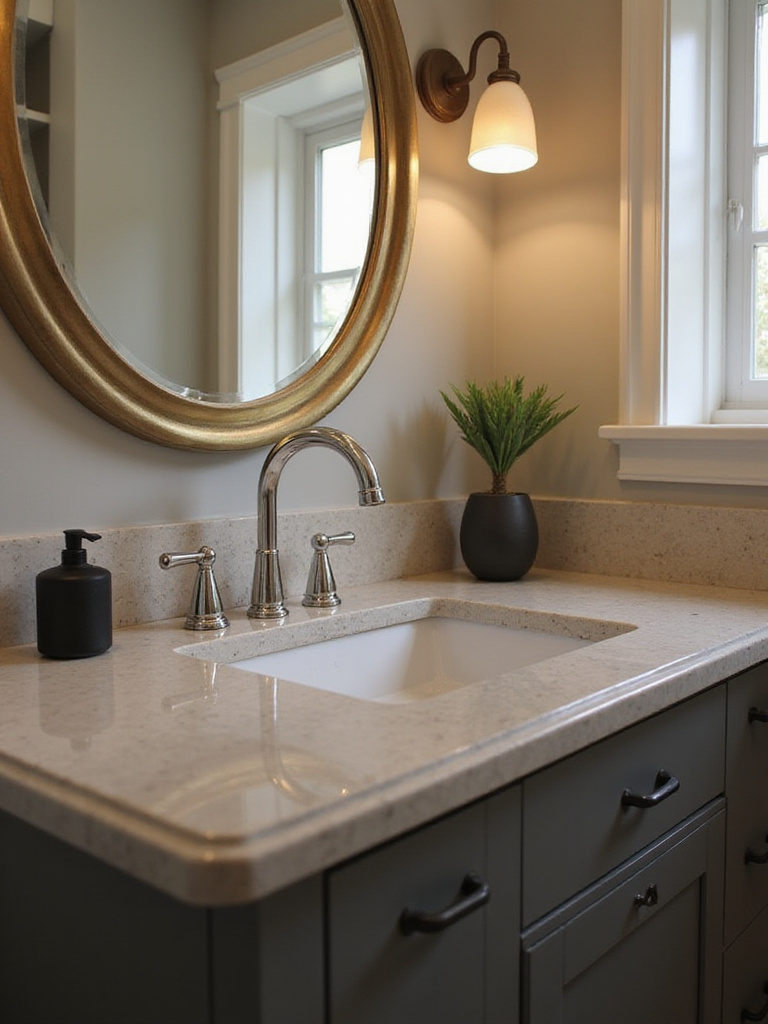 Elegant powder room showcasing mixed metal finishes with polished chrome, brushed brass, and matte black elements.
