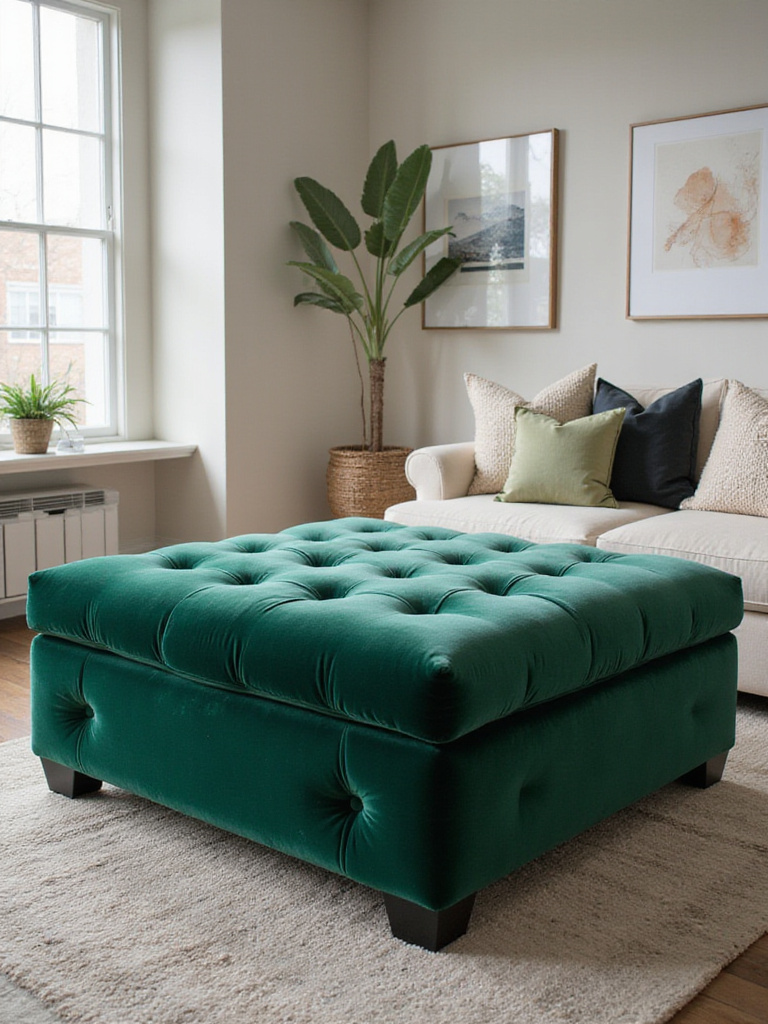 Stylish living room with a chic emerald green ottoman as a centerpiece, showcasing modern decor.