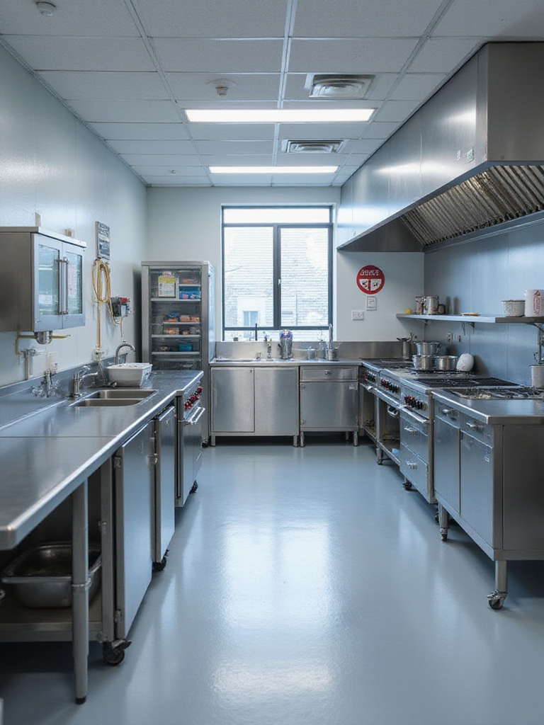 A modern industrial kitchen showcasing health and safety compliance with clear signage and organized equipment.
