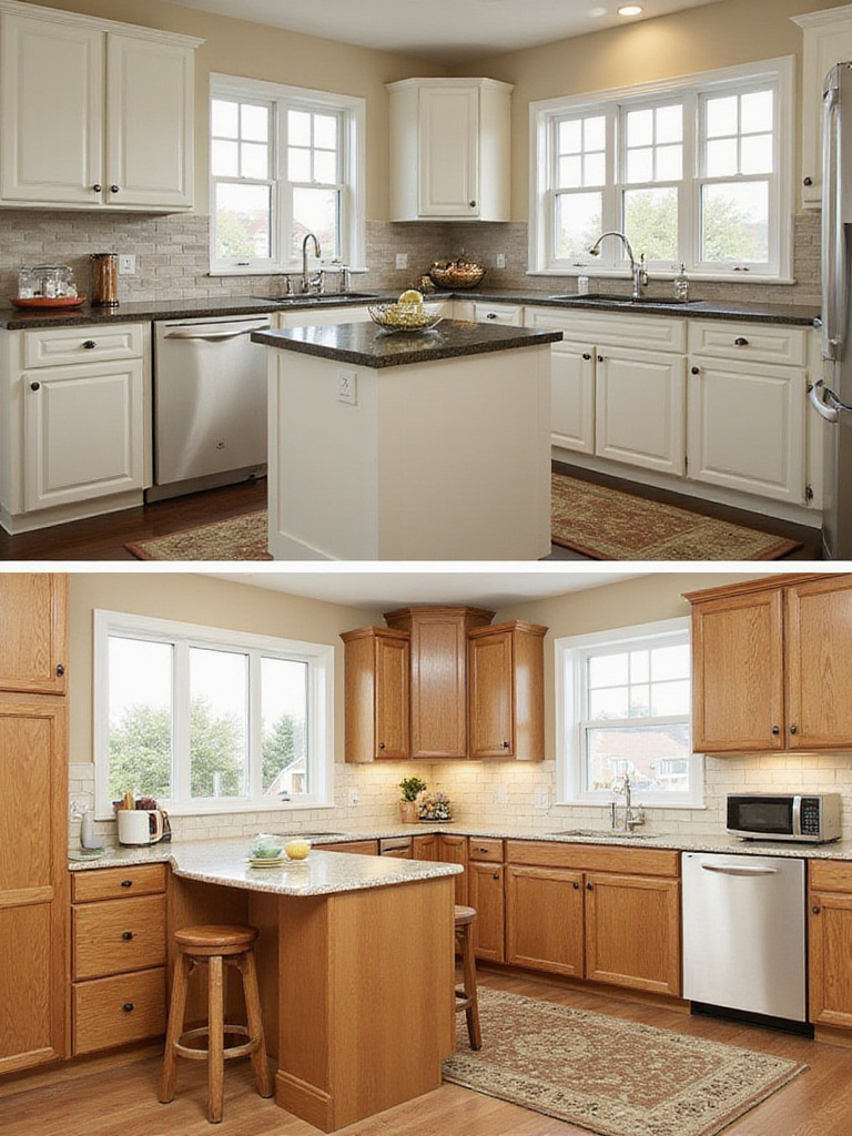 A traditional kitchen with raised panel and inset cabinet doors contrasted side by side.