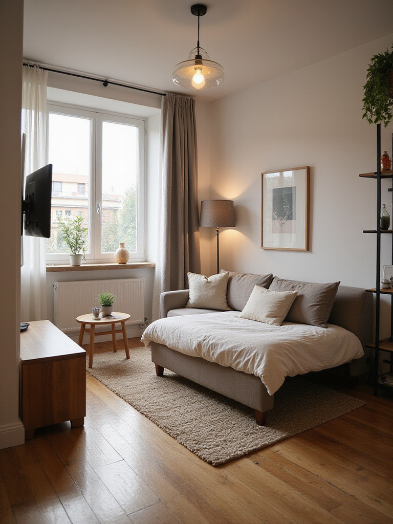 Stylish small living room with multi-functional furniture including a sofa bed and nesting tables