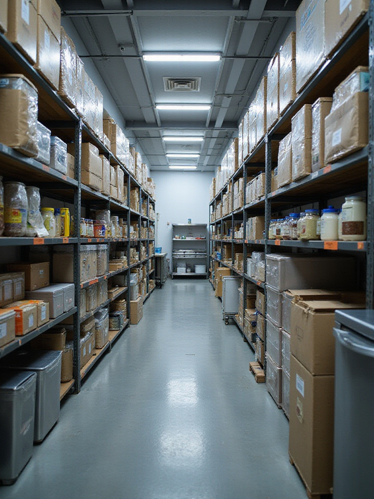 Organized industrial kitchen storage area with clear labels and structured shelving.
