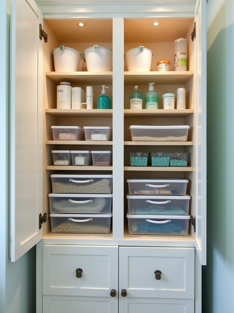 Organized bathroom cabinet with clever storage accessories